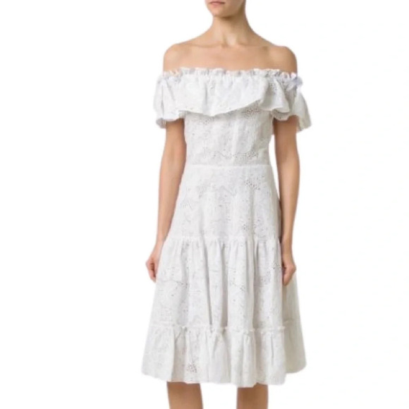Isolda Eyelet Dress Size Small 4 Off The Shoulder Ruffled White Midi Lace Flare - Picture 13 of 15